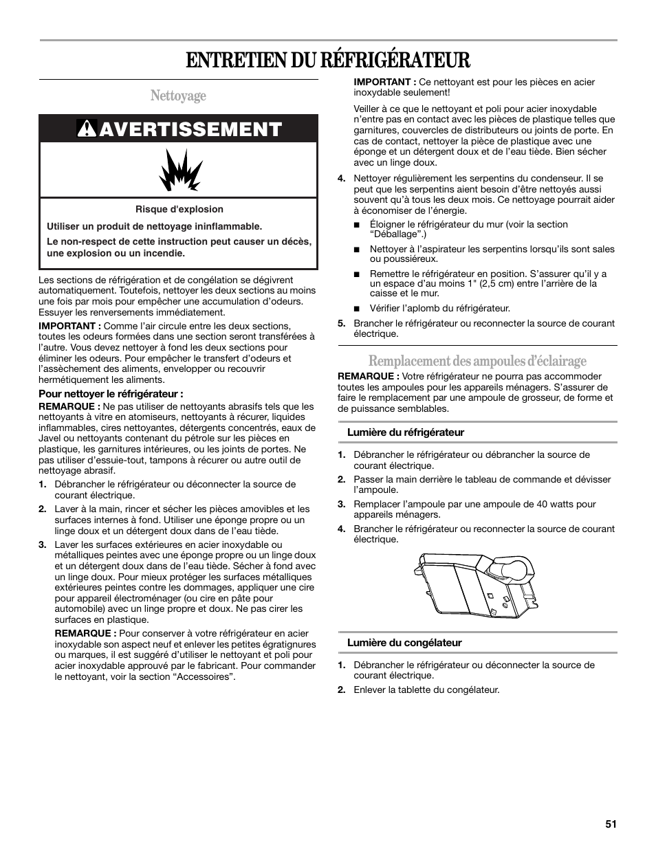 Entretien du réfrigérateur, Avertissement, Nettoyage | Remplacement des ampoules d’éclairage | Whirlpool W8TXNWMBQ User Manual | Page 51 / 56