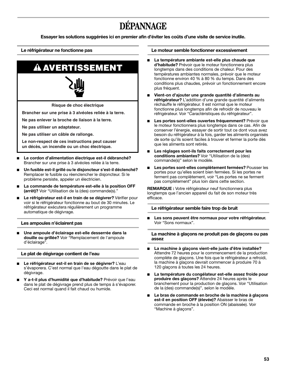 Dépannage, Avertissement | Whirlpool W8TXNWMBQ User Manual | Page 53 / 56