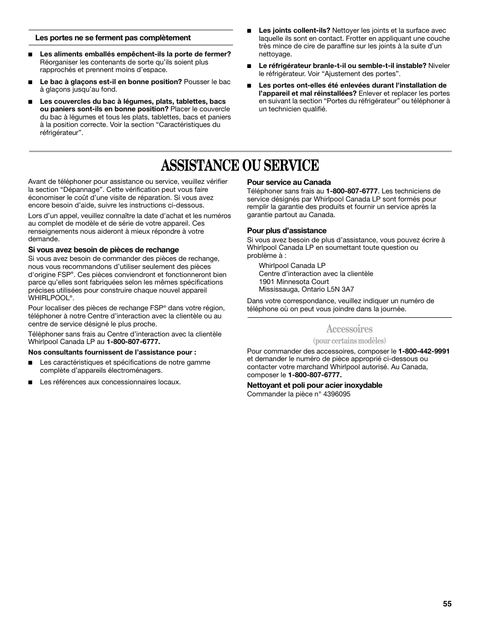 Assistance ou service, Accessoires, Pour certains modèles) | Whirlpool W8TXNWMBQ User Manual | Page 55 / 56