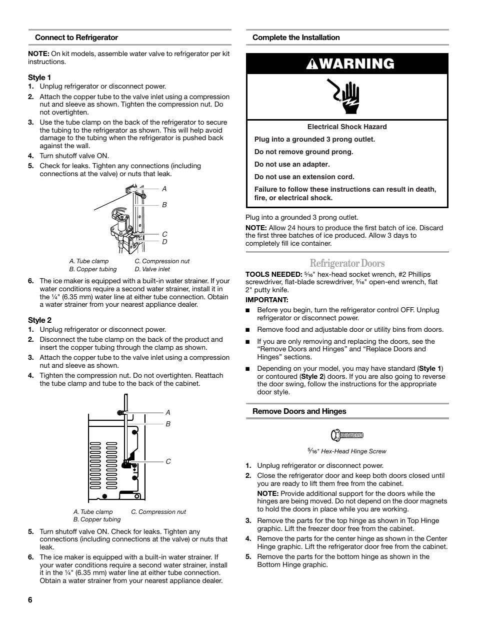 Warning, Refrigerator doors | Whirlpool W8TXNWMBQ User Manual | Page 6 / 56