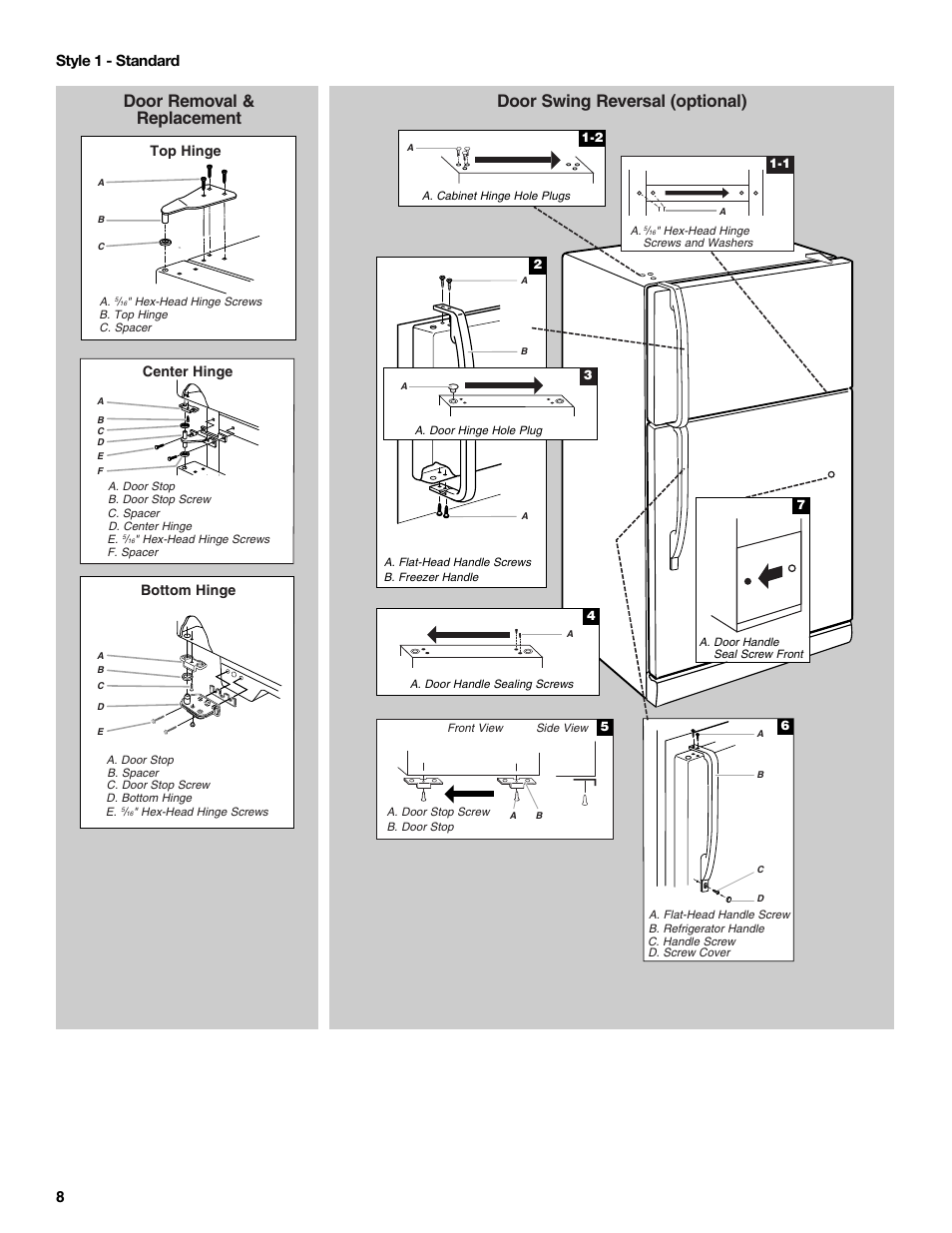 Door removal & replacement, Door swing reversal (optional), 8style 1 - standard | Top hinge bottom hinge, Center hinge | Whirlpool W8TXNWMBQ User Manual | Page 8 / 56