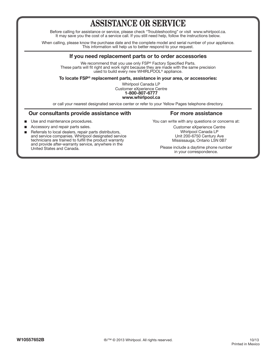 Assistance or service, For more assistance | Whirlpool WED7500VW User Manual | Page 2 / 2