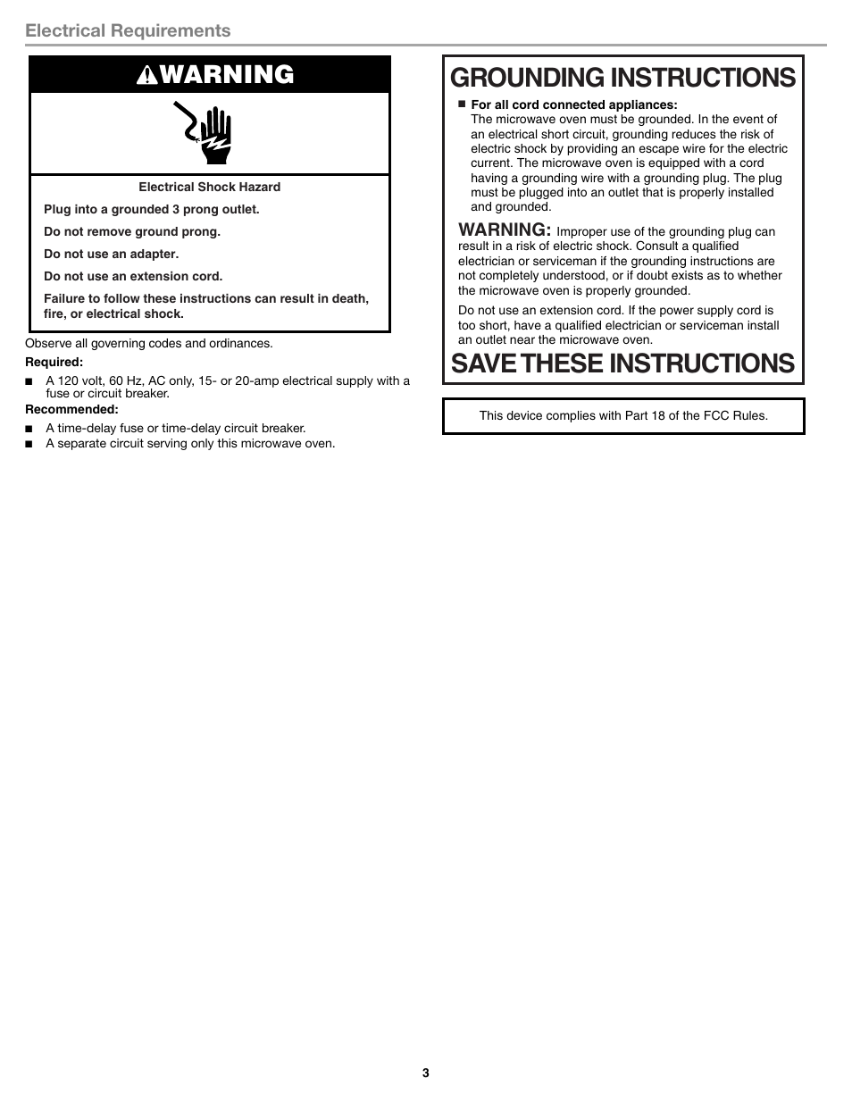 Grounding instructions save these instructions, Warning, Electrical requirements | Whirlpool WMH53520CS User Manual | Page 3 / 8