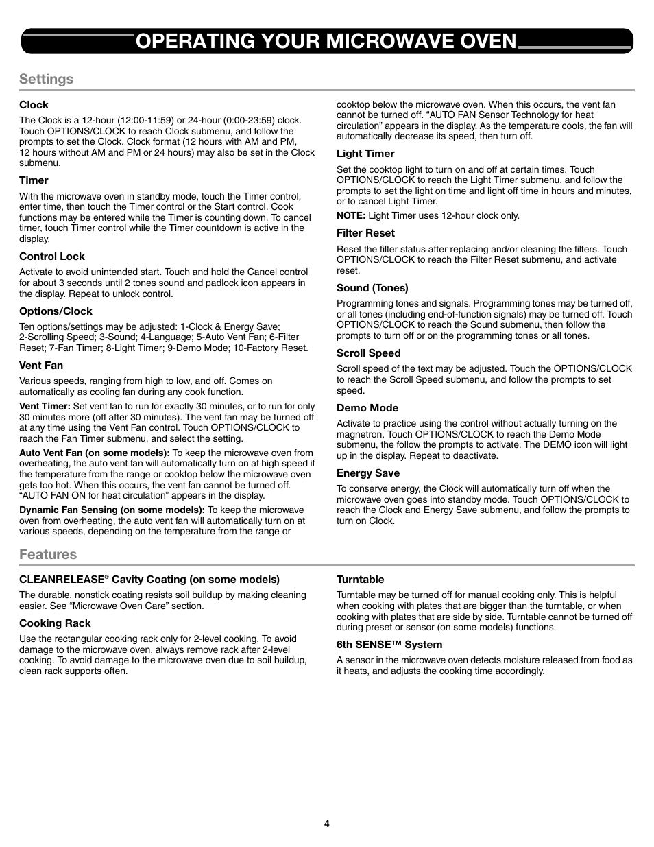 Operating your microwave oven, Settings, Features | Whirlpool WMH53520CS User Manual | Page 4 / 8