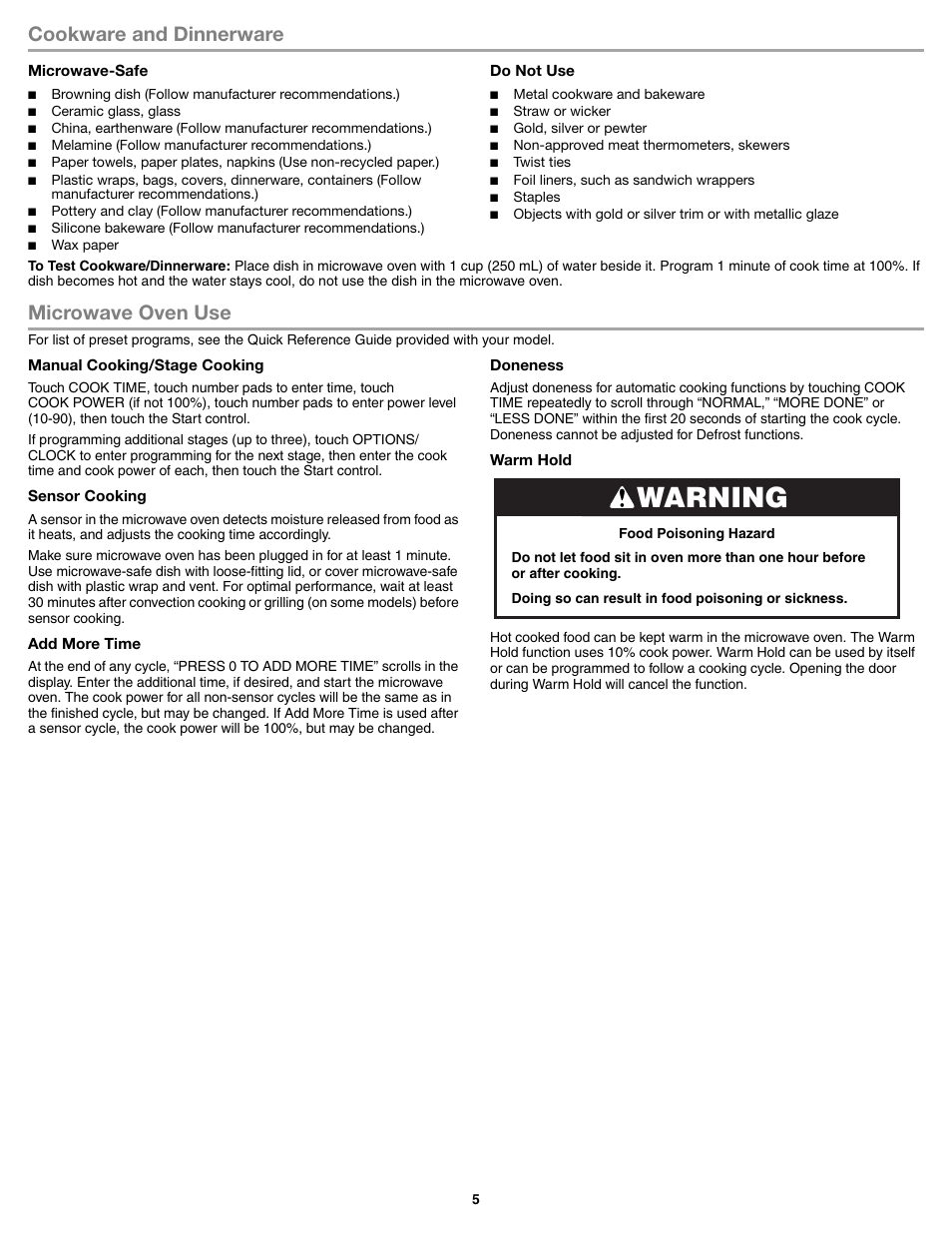 Warning, Cookware and dinnerware, Microwave oven use | Whirlpool WMH53520CS User Manual | Page 5 / 8