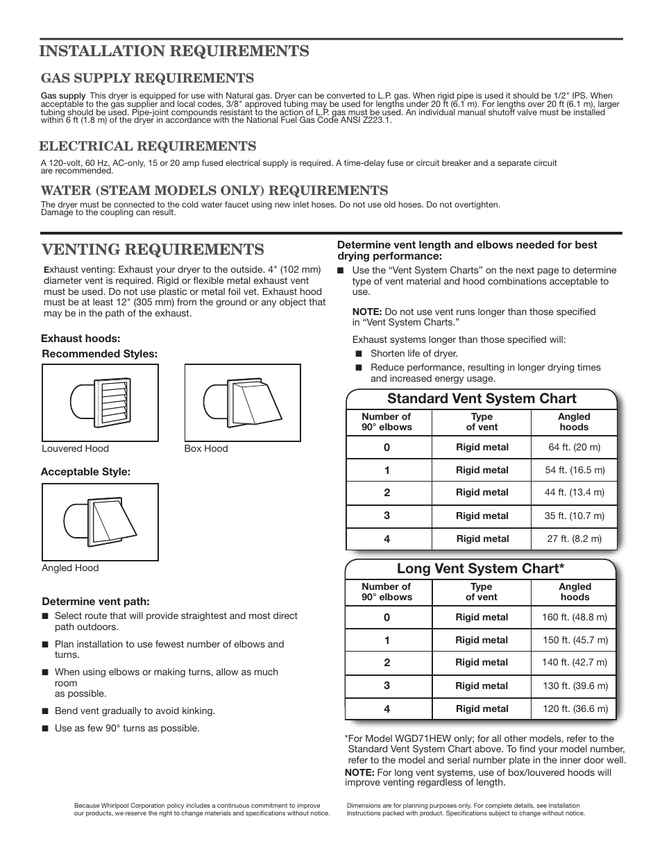 Venting requirements, Installation requirements, Standard vent system chart | Long vent system chart, Electrical requirements, Gas supply requirements, Water (steam models only) requirements | Whirlpool WGD80HEBW User Manual | Page 2 / 2