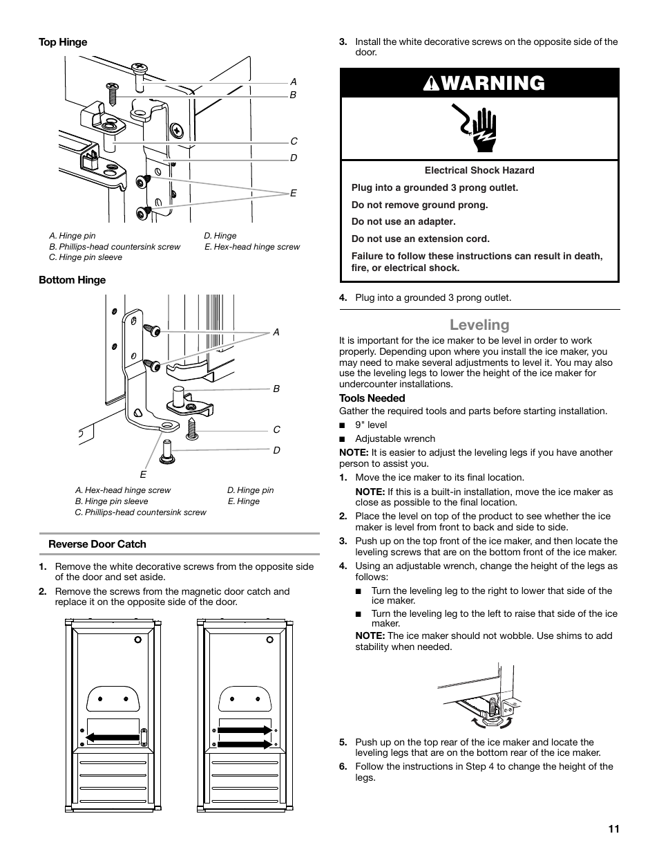 Warning, Leveling | Whirlpool GI15NDXZS User Manual | Page 11 / 64