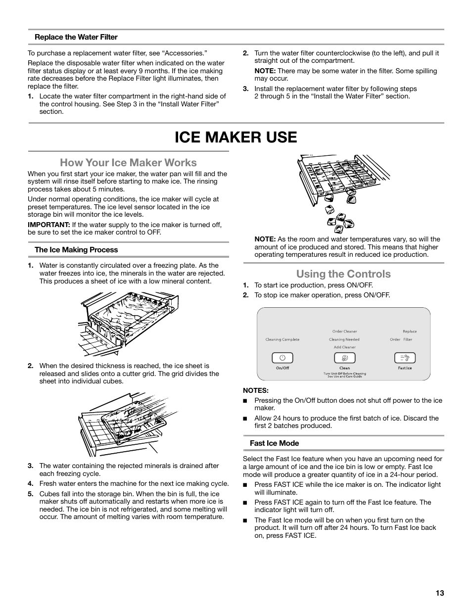 Ice maker use, How your ice maker works, Using the controls | Whirlpool GI15NDXZS User Manual | Page 13 / 64