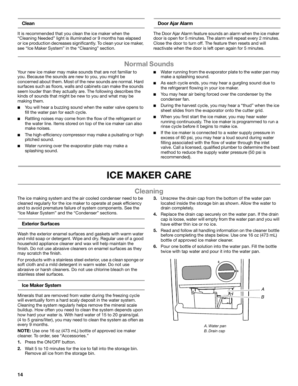 Ice maker care, Normal sounds, Cleaning | Whirlpool GI15NDXZS User Manual | Page 14 / 64