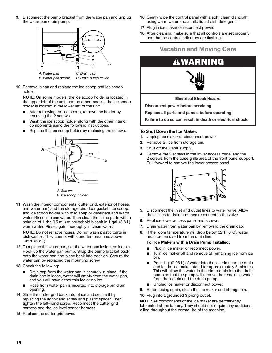 Warning, Vacation and moving care | Whirlpool GI15NDXZS User Manual | Page 16 / 64