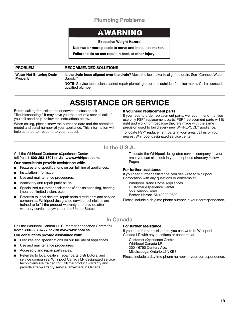 Assistance or service, Warning, Plumbing problems | Whirlpool GI15NDXZS User Manual | Page 19 / 64