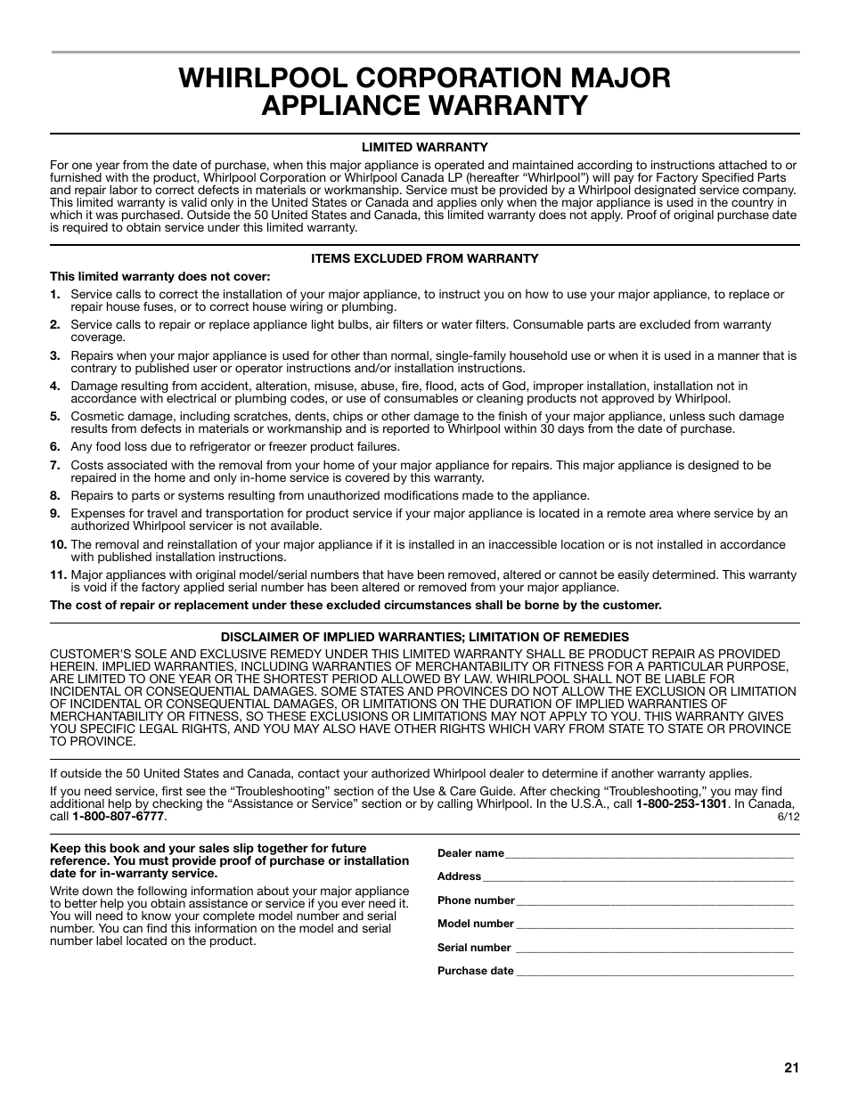 Whirlpool corporation major appliance warranty | Whirlpool GI15NDXZS User Manual | Page 21 / 64