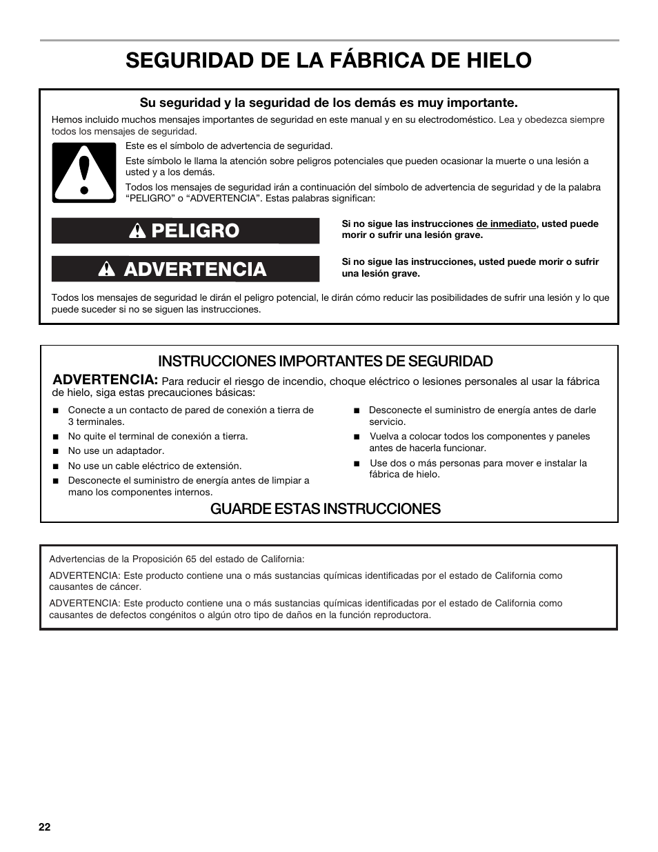 Seguridad de la fábrica de hielo, Advertencia peligro, Instrucciones importantes de seguridad | Guarde estas instrucciones, Advertencia | Whirlpool GI15NDXZS User Manual | Page 22 / 64