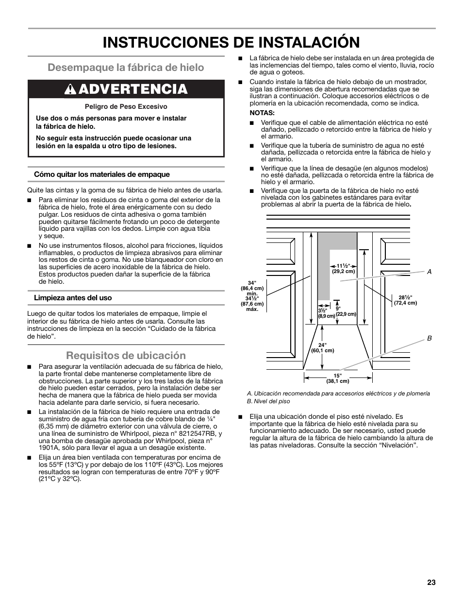 Instrucciones de instalación, Advertencia, Desempaque la fábrica de hielo | Requisitos de ubicación | Whirlpool GI15NDXZS User Manual | Page 23 / 64