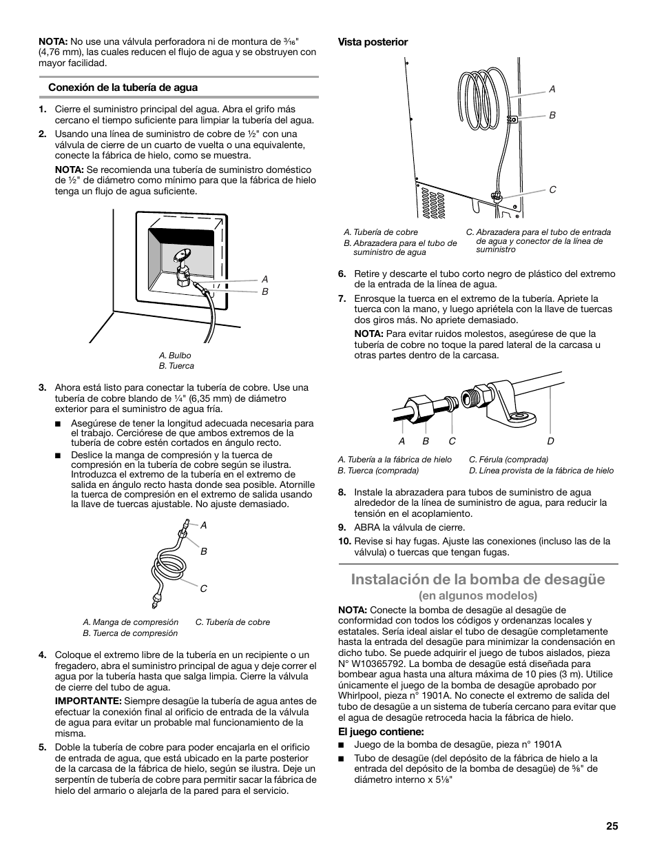Instalación de la bomba de desagüe | Whirlpool GI15NDXZS User Manual | Page 25 / 64