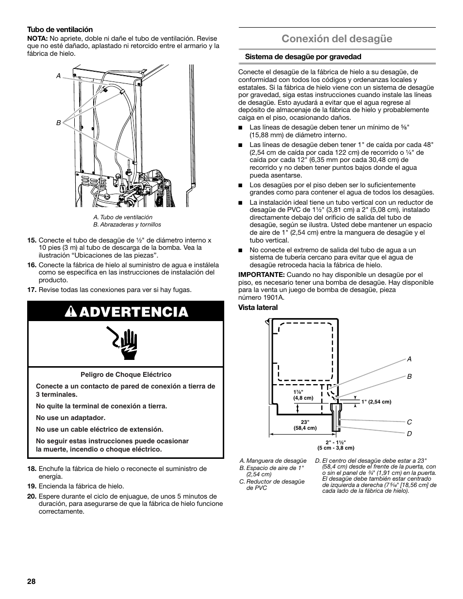 Advertencia, Conexión del desagüe | Whirlpool GI15NDXZS User Manual | Page 28 / 64