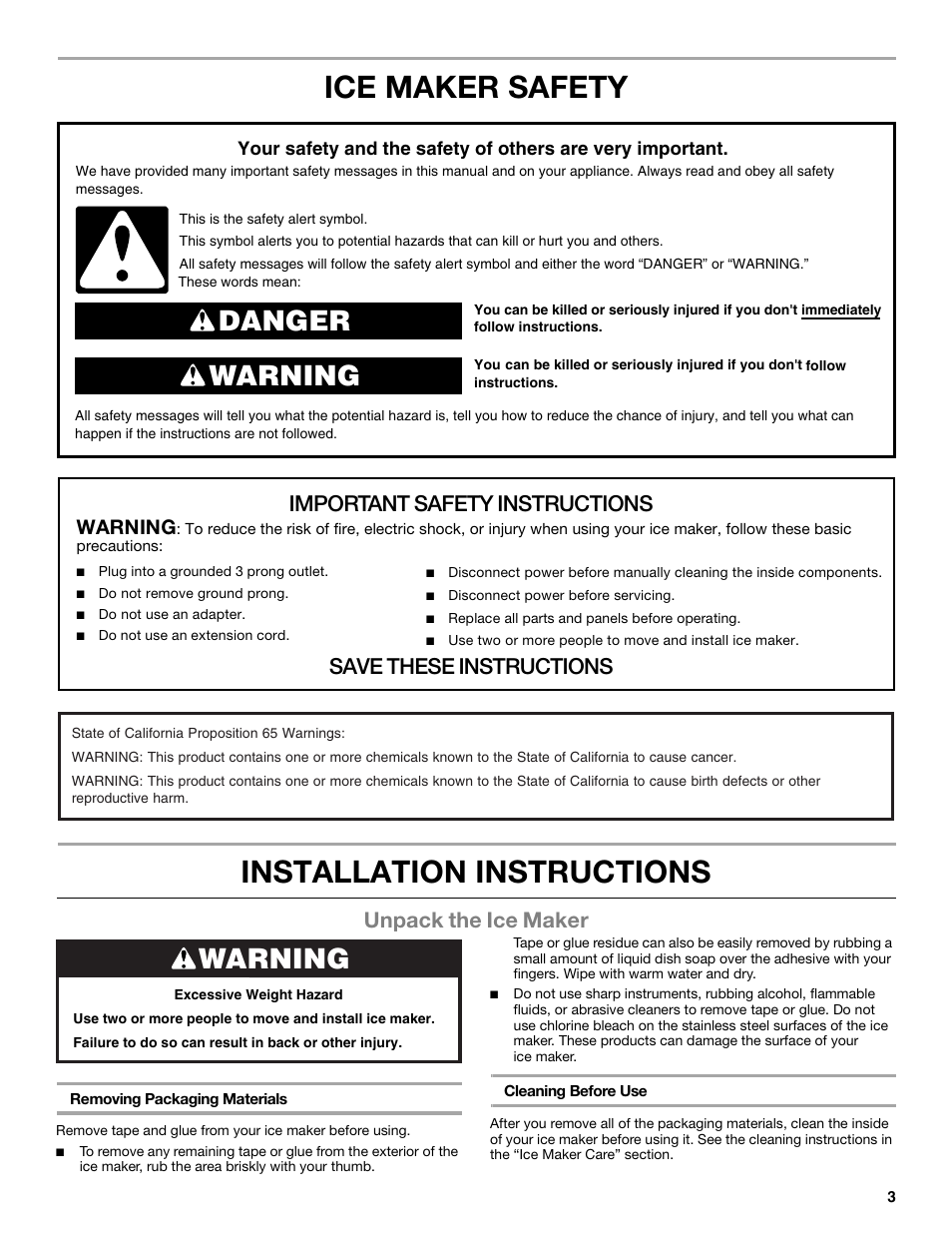 Ice maker safety installation instructions, Danger warning, Important safety instructions | Save these instructions, Unpack the ice maker, Warning | Whirlpool GI15NDXZS User Manual | Page 3 / 64