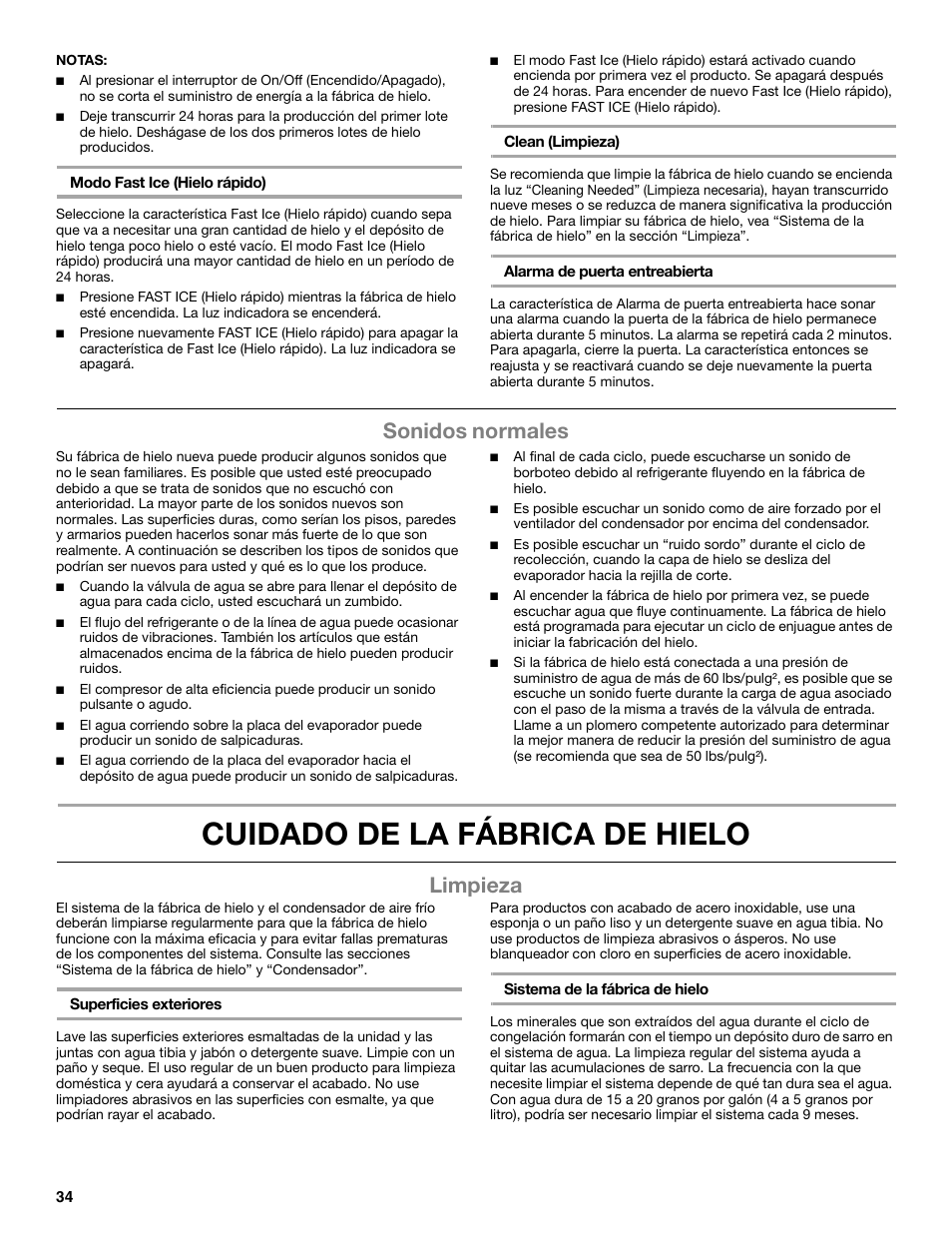 Cuidado de la fábrica de hielo, Sonidos normales, Limpieza | Whirlpool GI15NDXZS User Manual | Page 34 / 64