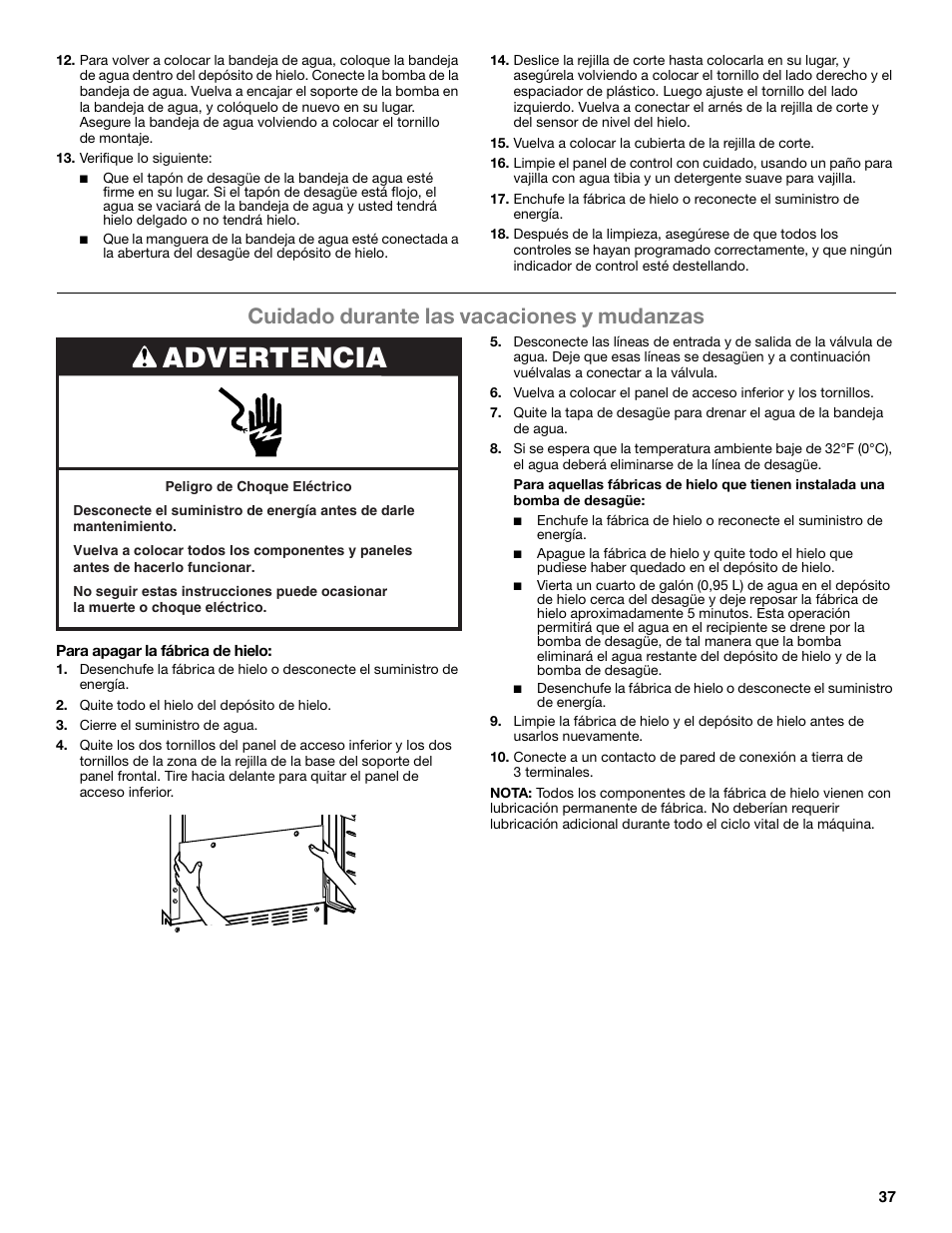 Advertencia, Cuidado durante las vacaciones y mudanzas | Whirlpool GI15NDXZS User Manual | Page 37 / 64