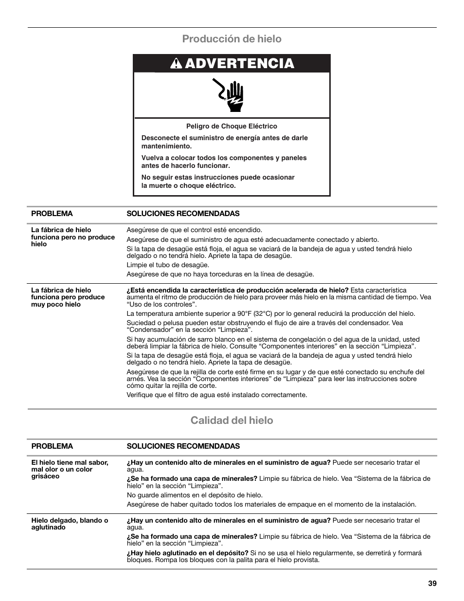 Advertencia, Producción de hielo calidad del hielo | Whirlpool GI15NDXZS User Manual | Page 39 / 64