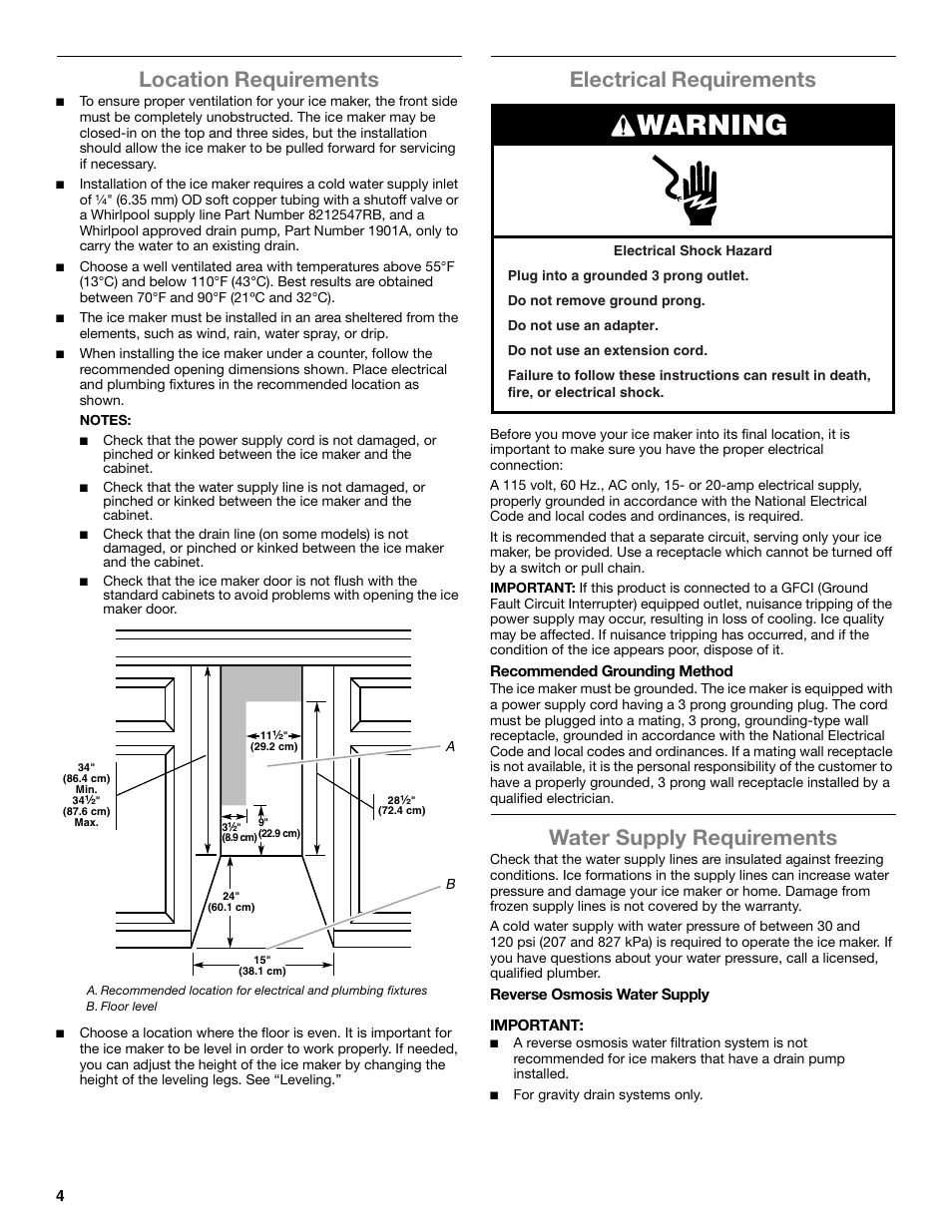 Warning, Location requirements, Electrical requirements | Water supply requirements | Whirlpool GI15NDXZS User Manual | Page 4 / 64