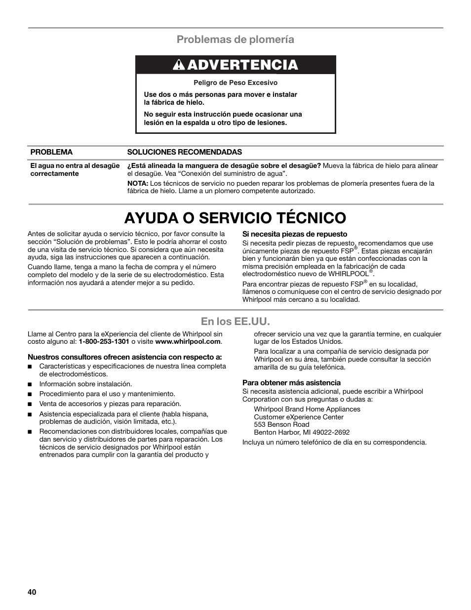 Ayuda o servicio técnico, Advertencia, Problemas de plomería | En los ee.uu | Whirlpool GI15NDXZS User Manual | Page 40 / 64