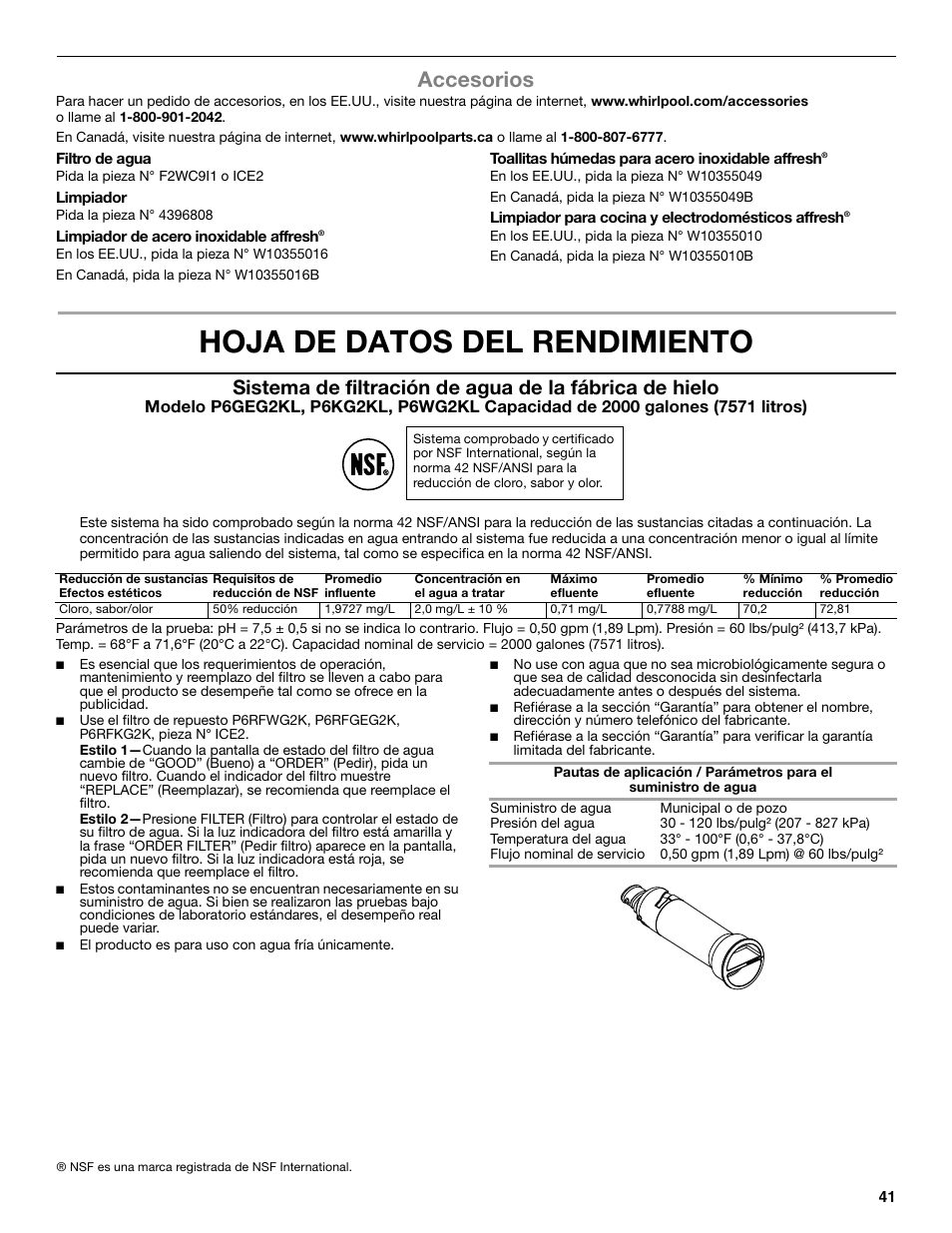Hoja de datos del rendimiento, Accesorios | Whirlpool GI15NDXZS User Manual | Page 41 / 64