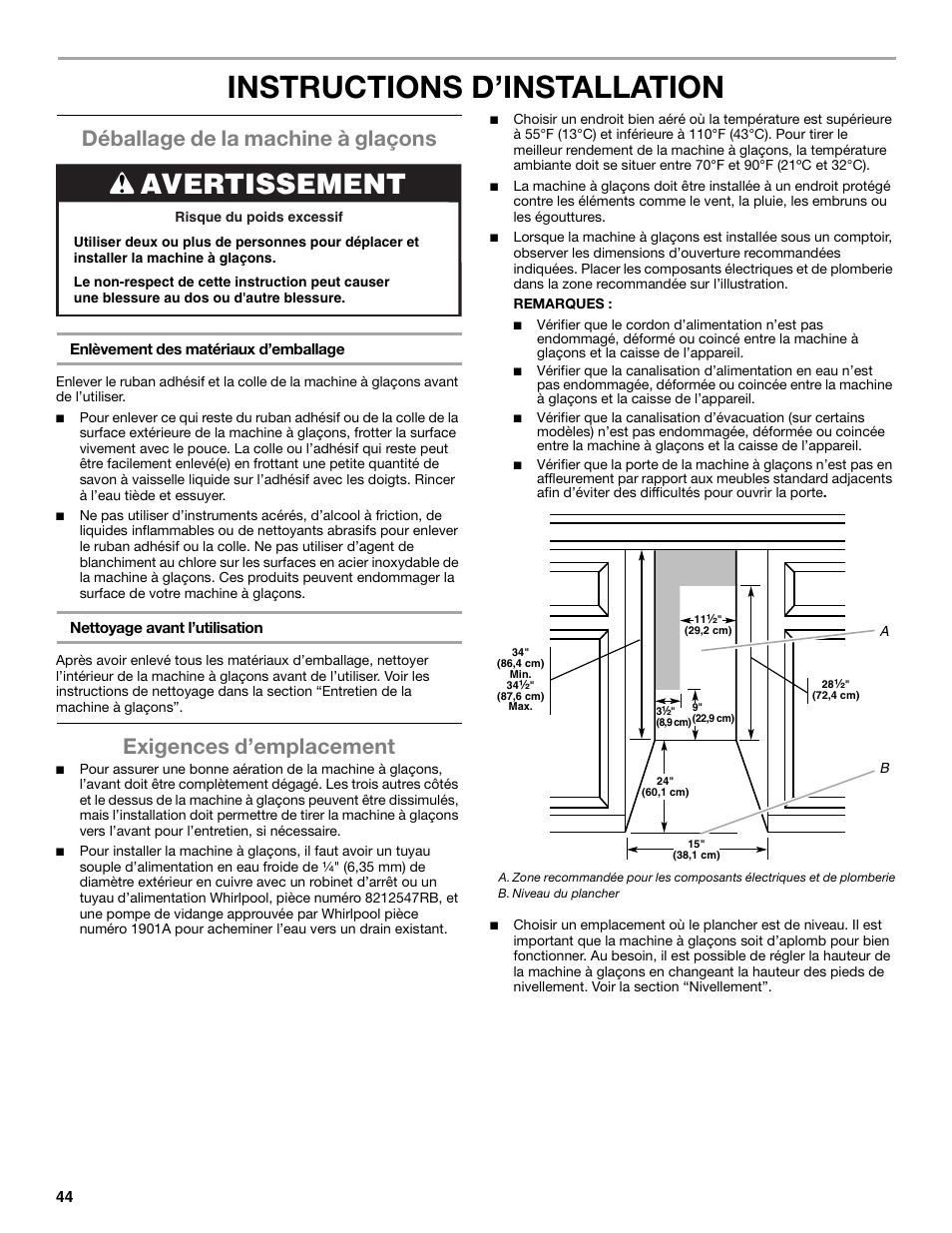 Instructions d’installation, Avertissement, Déballage de la machine à glaçons | Exigences d’emplacement | Whirlpool GI15NDXZS User Manual | Page 44 / 64