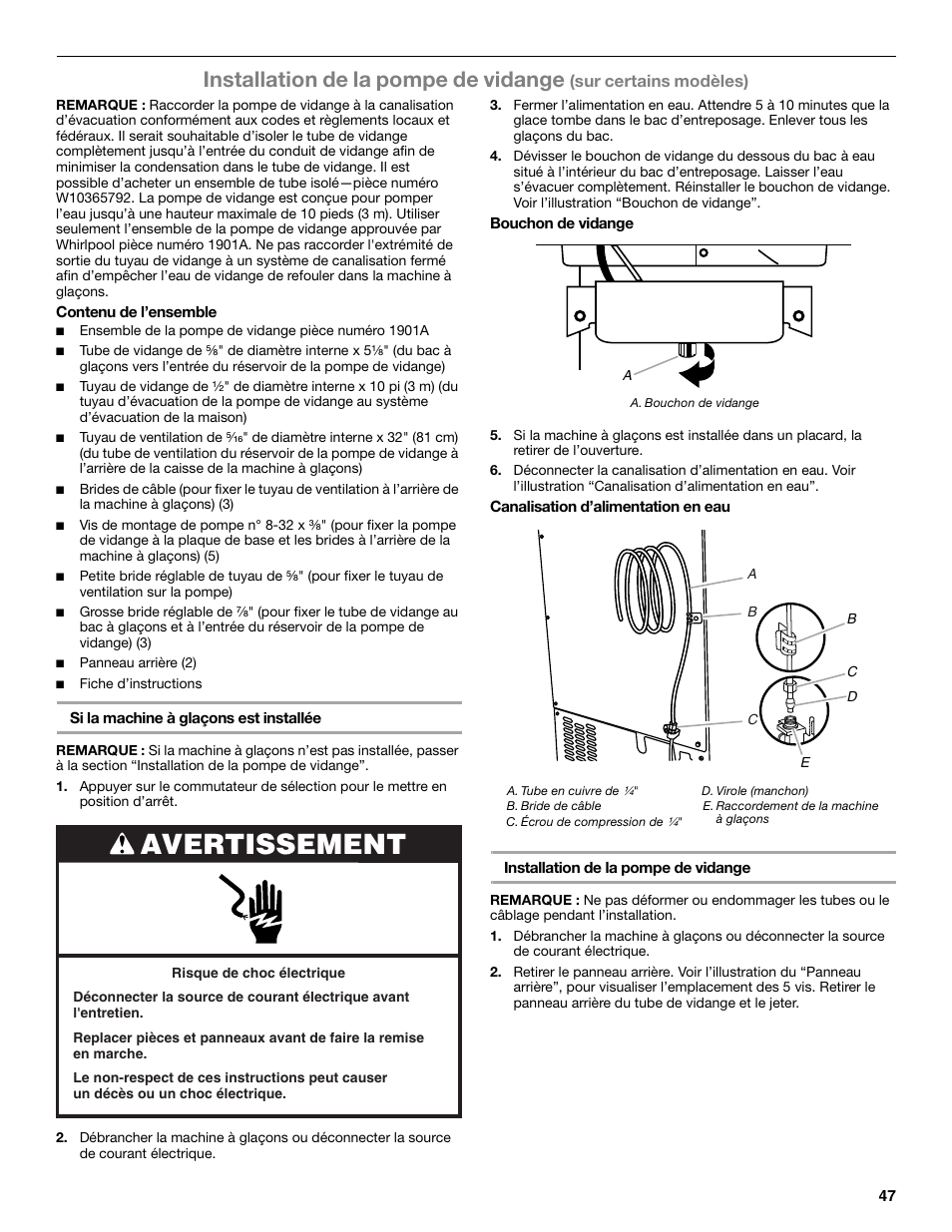 Avertissement, Installation de la pompe de vidange | Whirlpool GI15NDXZS User Manual | Page 47 / 64