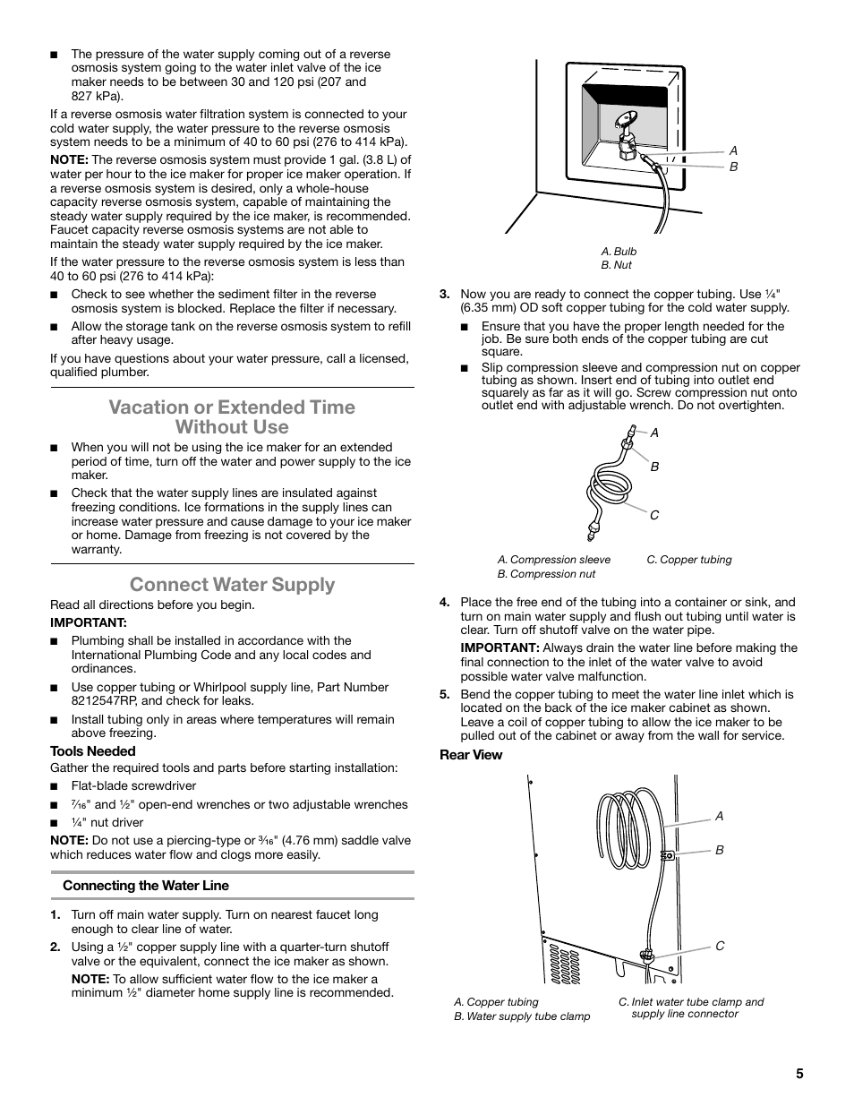 Vacation or extended time without use, Connect water supply | Whirlpool GI15NDXZS User Manual | Page 5 / 64