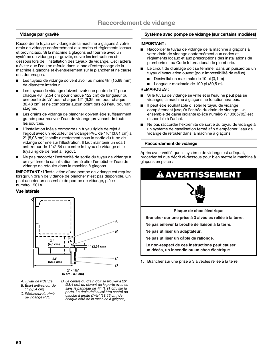 Avertissement, Raccordement de vidange | Whirlpool GI15NDXZS User Manual | Page 50 / 64