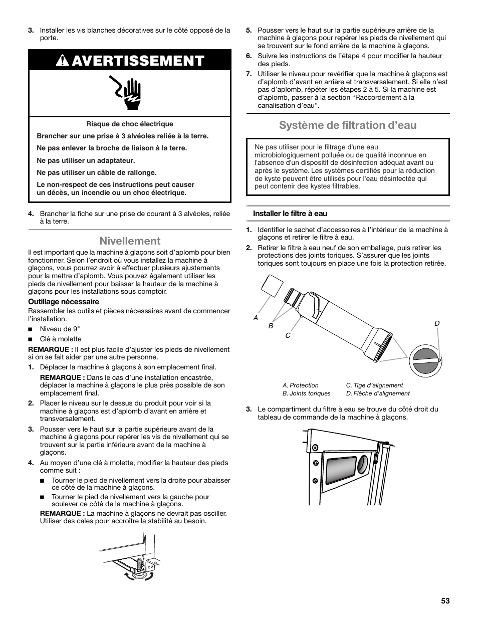 Avertissement, Nivellement, Système de filtration d’eau | Whirlpool GI15NDXZS User Manual | Page 53 / 64
