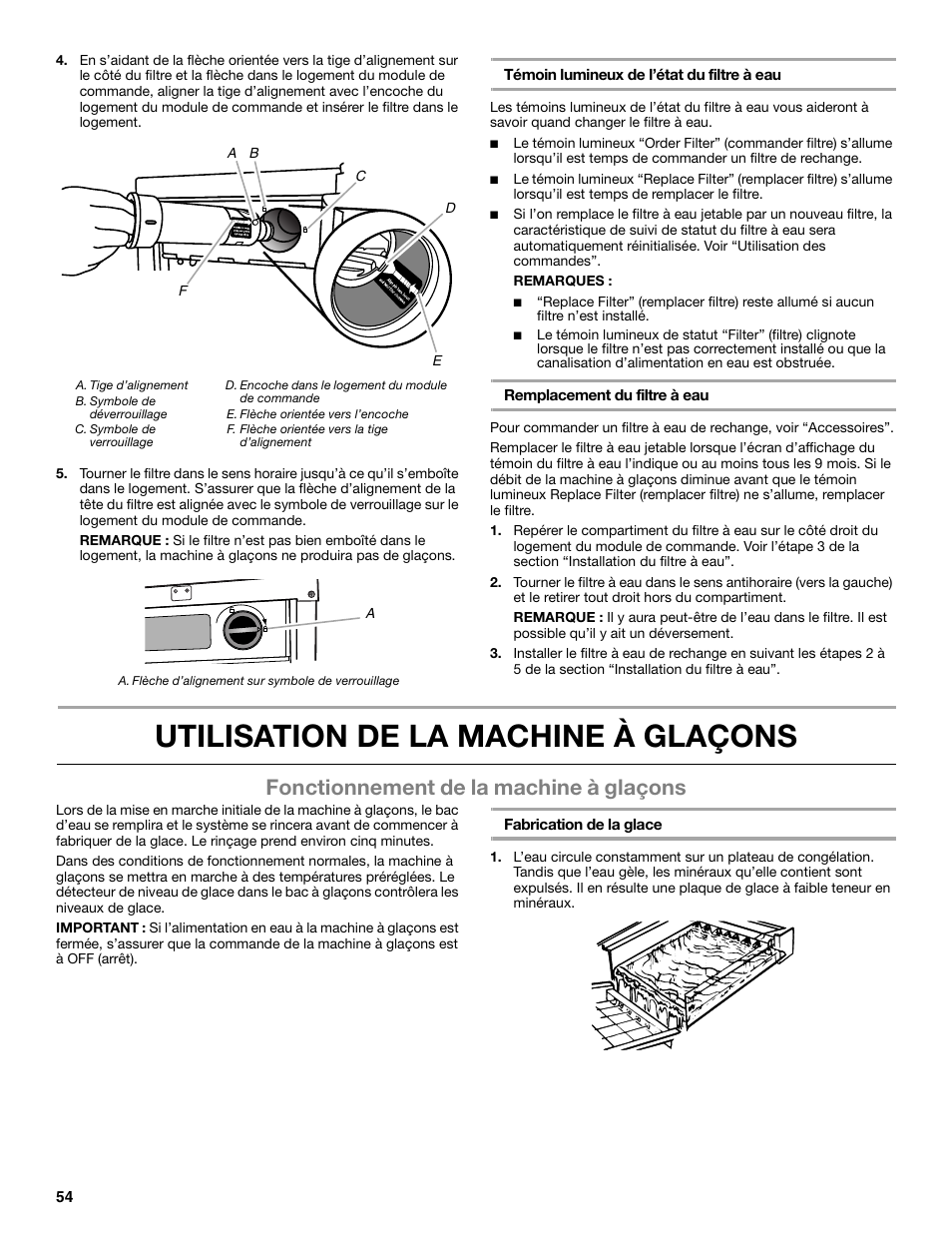 Utilisation de la machine à glaçons, Fonctionnement de la machine à glaçons | Whirlpool GI15NDXZS User Manual | Page 54 / 64