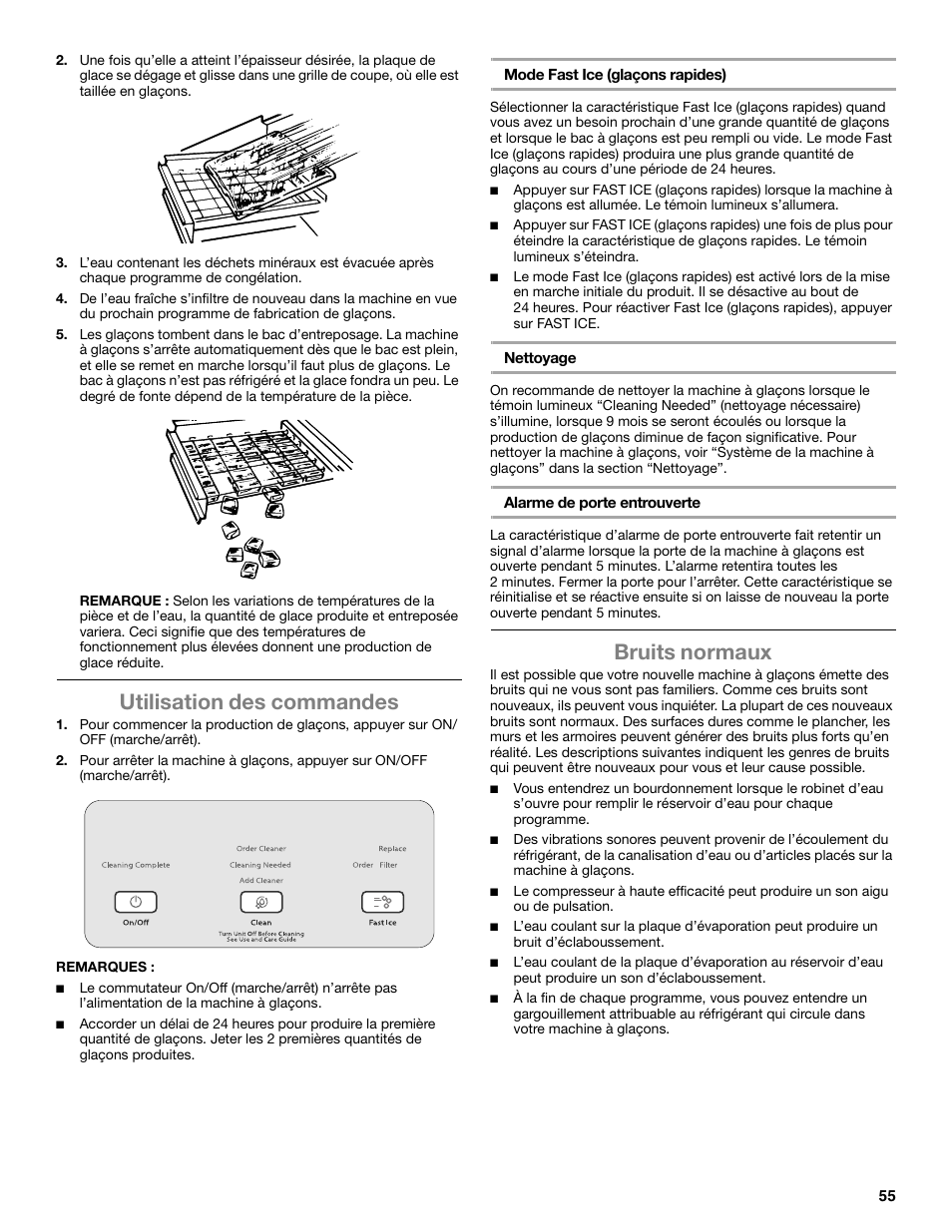 Utilisation des commandes, Bruits normaux | Whirlpool GI15NDXZS User Manual | Page 55 / 64