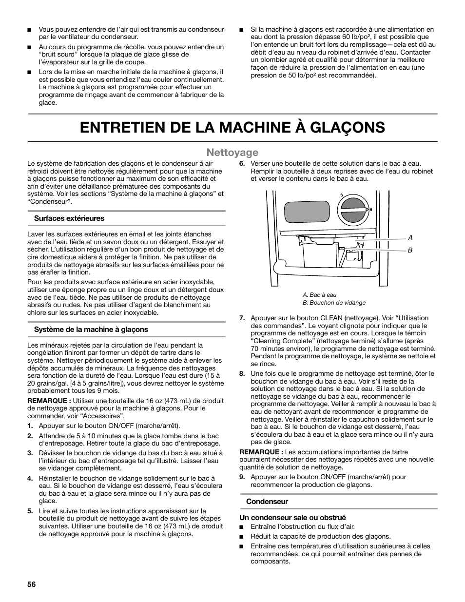 Entretien de la machine à glaçons, Nettoyage | Whirlpool GI15NDXZS User Manual | Page 56 / 64