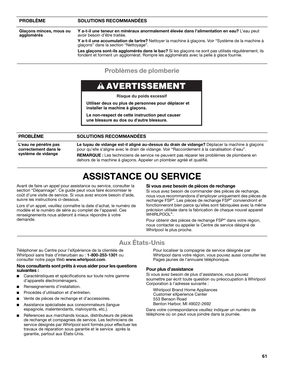 Assistance ou service, Avertissement, Problèmes de plomberie | Aux états-unis | Whirlpool GI15NDXZS User Manual | Page 61 / 64
