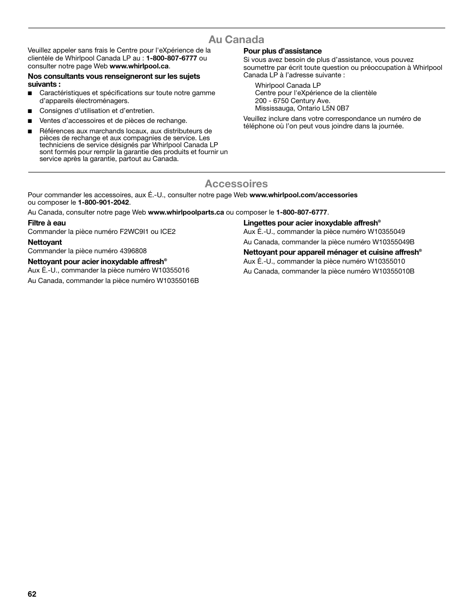 Au canada, Accessoires | Whirlpool GI15NDXZS User Manual | Page 62 / 64