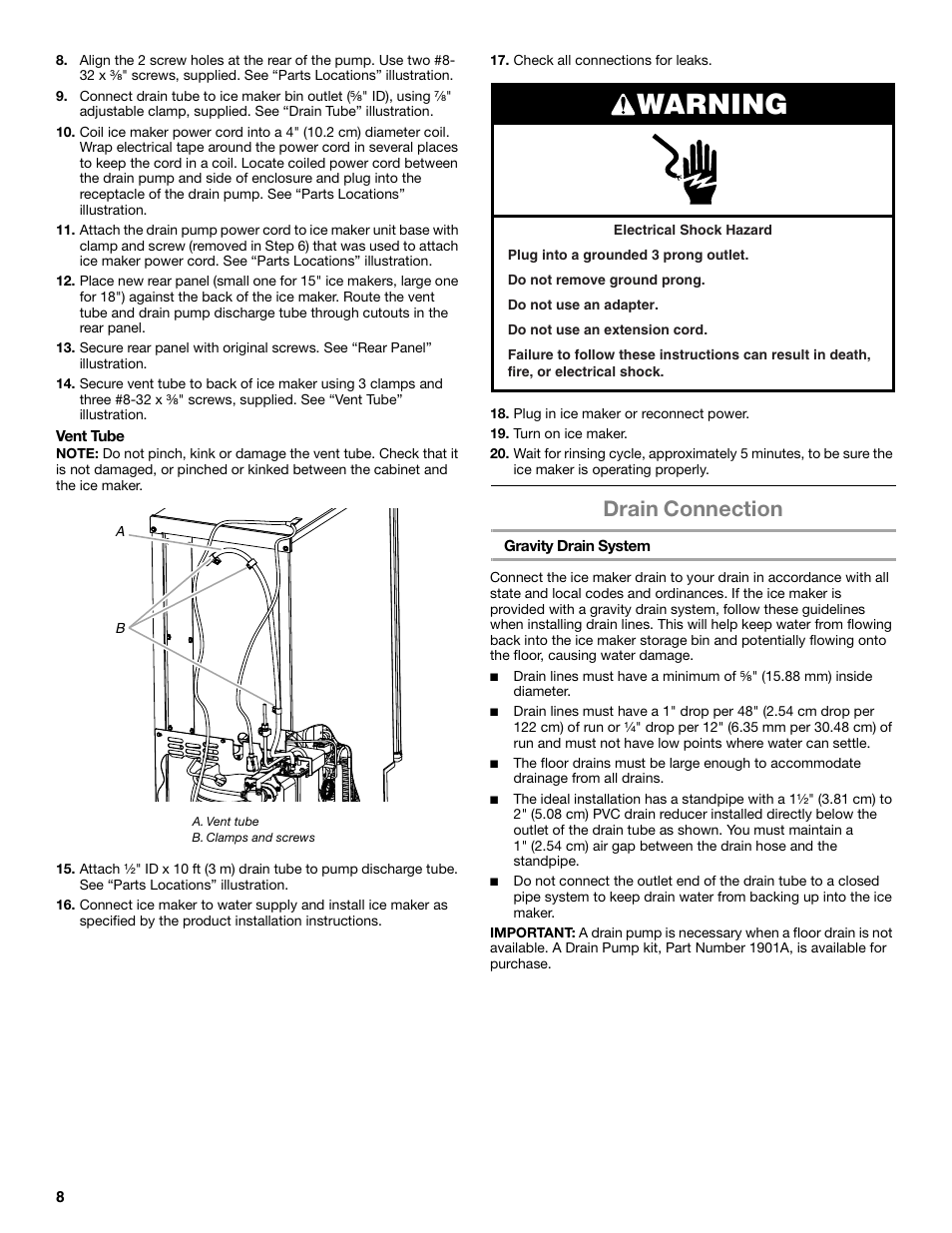 Warning, Drain connection | Whirlpool GI15NDXZS User Manual | Page 8 / 64