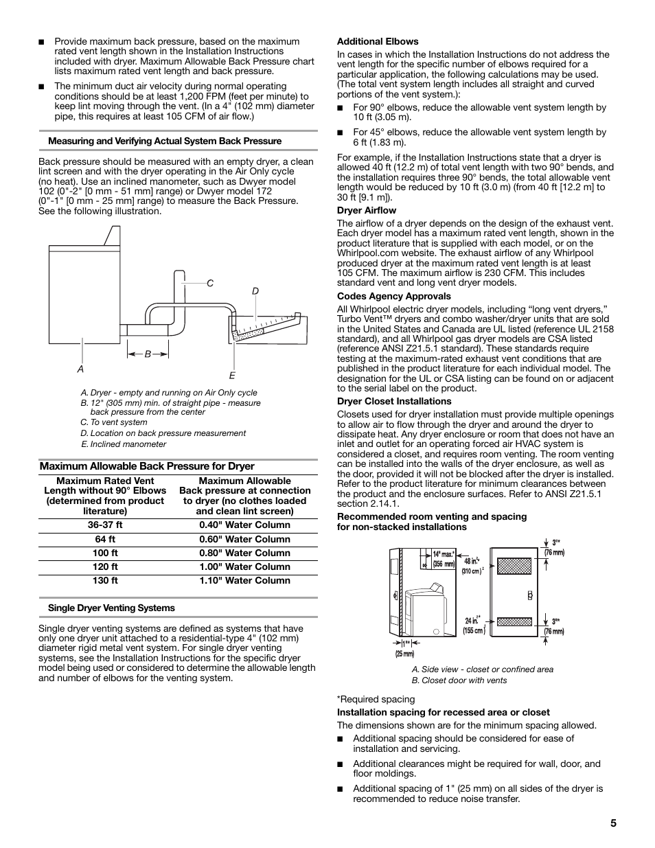 Maximum allowable back pressure for dryer, 37 ft, 40" water column | 64 ft, 60" water column, 100 ft, 80" water column, 120 ft, 00" water column, 130 ft | Whirlpool LER3622PQ User Manual | Page 5 / 8