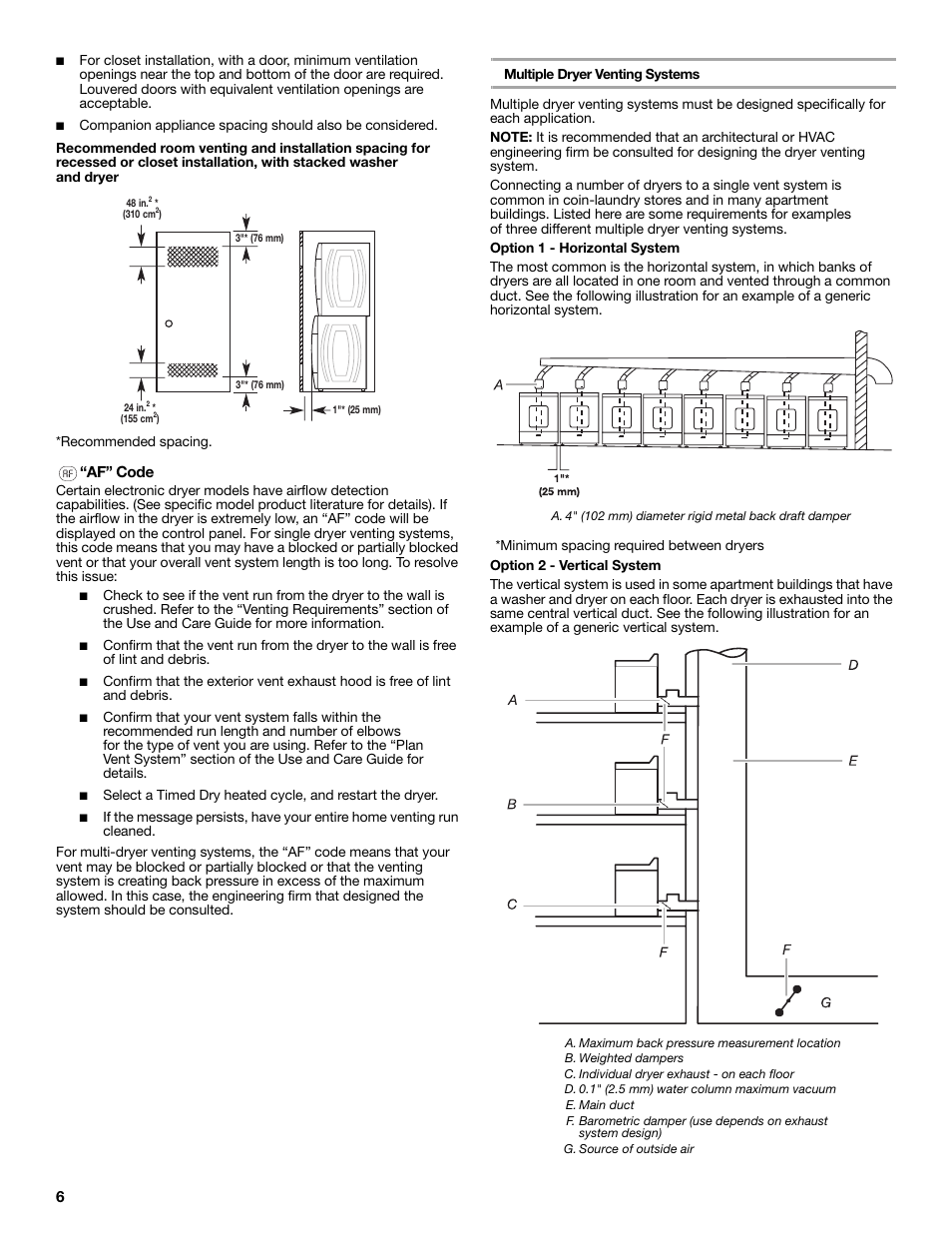 Recommended spacing, Af” code, Multiple dryer venting systems | Whirlpool LER3622PQ User Manual | Page 6 / 8