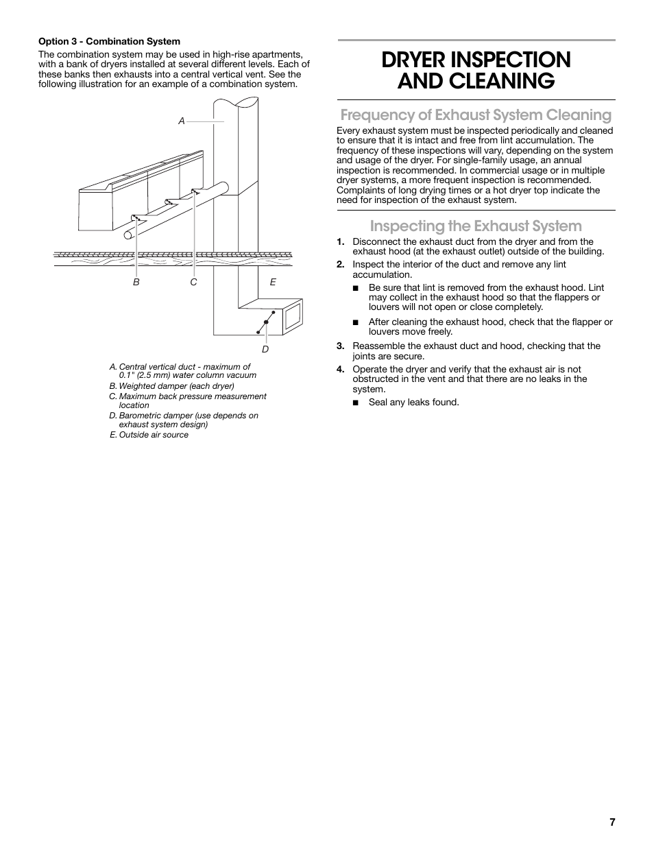 Dryer inspection and cleaning, Frequency of exhaust system cleaning, Inspecting the exhaust system | Whirlpool LER3622PQ User Manual | Page 7 / 8