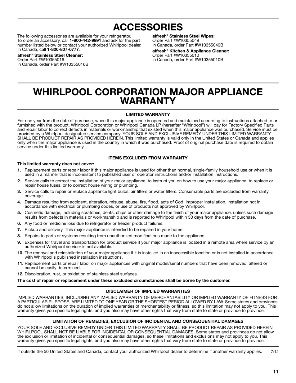 Accessories, Whirlpool corporation major appliance warranty | Whirlpool WRS322FNAM User Manual | Page 11 / 36