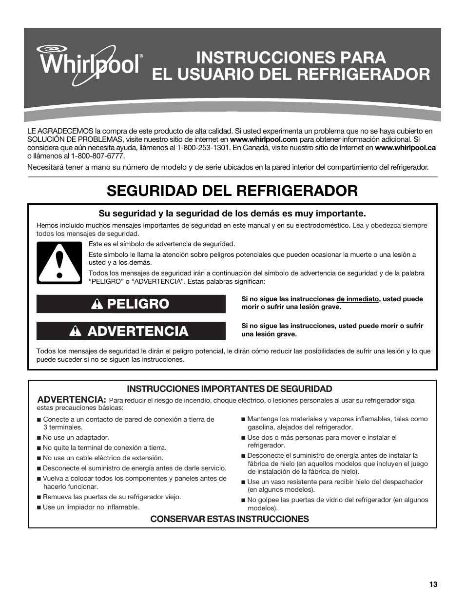 Instrucciones para el usuario del refrigerador, Seguridad del refrigerador, Advertencia peligro | Whirlpool WRS322FNAM User Manual | Page 13 / 36