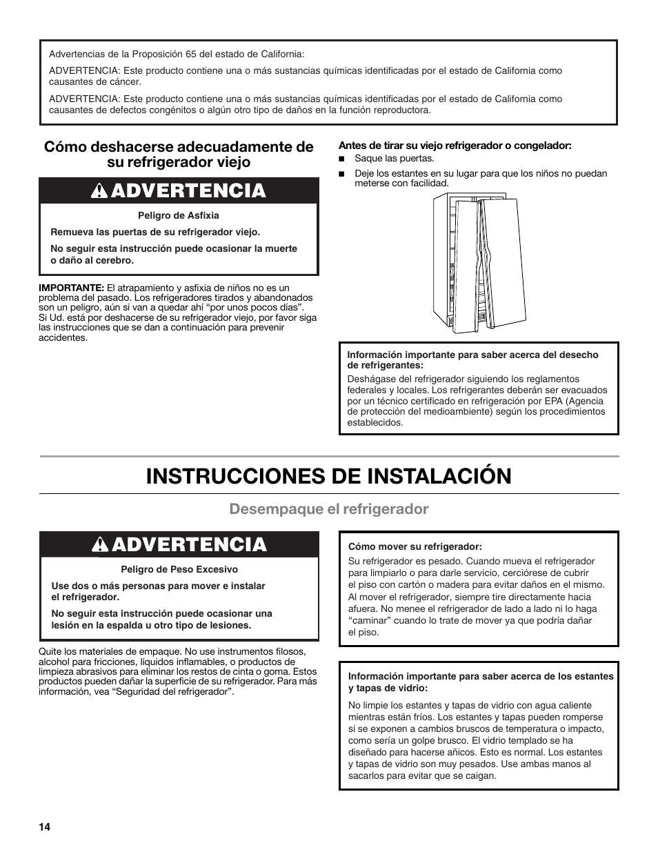 Instrucciones de instalación, Advertencia, Desempaque el refrigerador | Whirlpool WRS322FNAM User Manual | Page 14 / 36