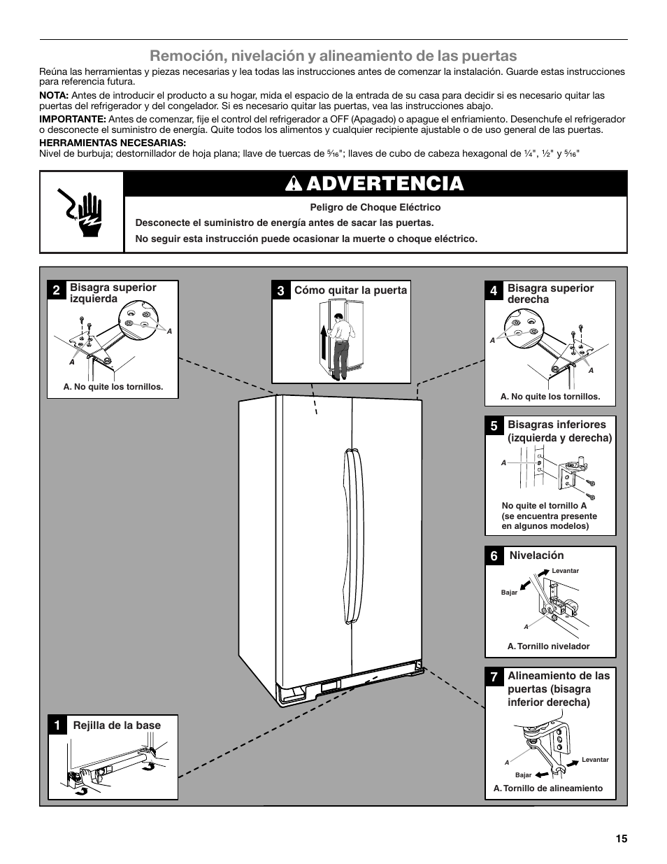 Advertencia, Remoción, nivelación y alineamiento de las puertas | Whirlpool WRS322FNAM User Manual | Page 15 / 36