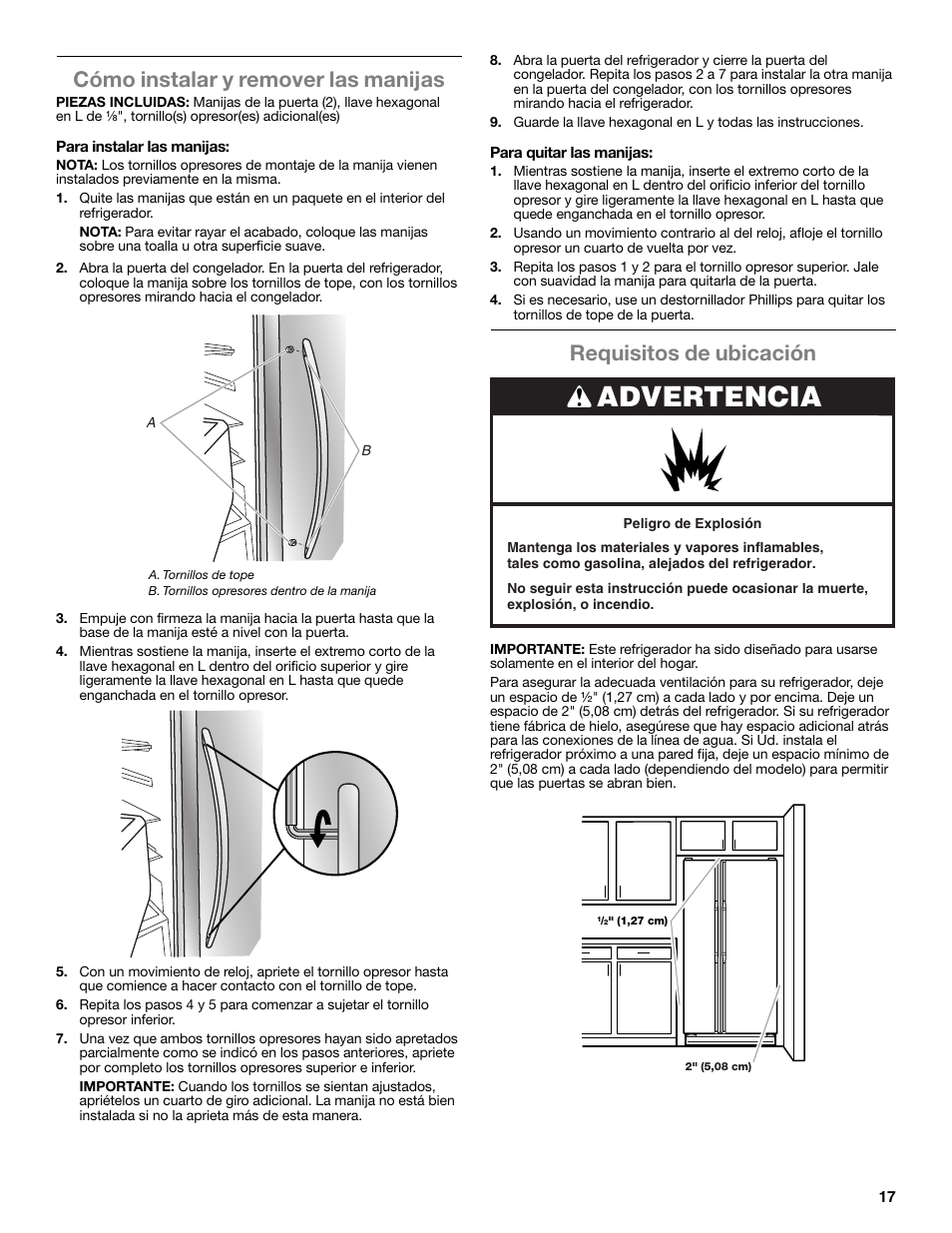 Advertencia, Cómo instalar y remover las manijas, Requisitos de ubicación | Whirlpool WRS322FNAM User Manual | Page 17 / 36