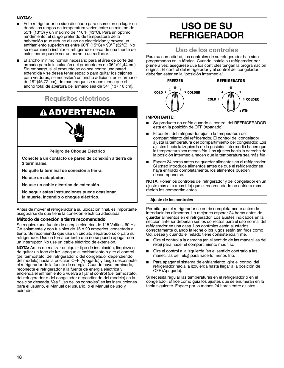 Uso de su refrigerador, Advertencia, Requisitos eléctricos | Uso de los controles | Whirlpool WRS322FNAM User Manual | Page 18 / 36