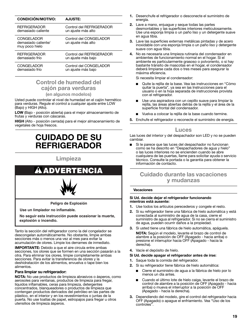 Cuidado de su refrigerador, Advertencia, Control de humedad del cajón para verduras | Limpieza, Luces, Cuidado durante las vacaciones y mudanzas | Whirlpool WRS322FNAM User Manual | Page 19 / 36