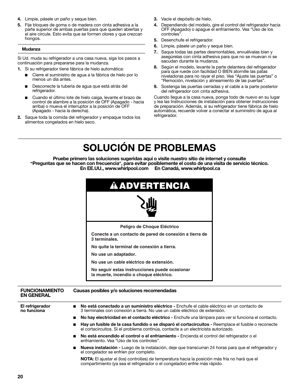 Solución de problemas, Advertencia | Whirlpool WRS322FNAM User Manual | Page 20 / 36