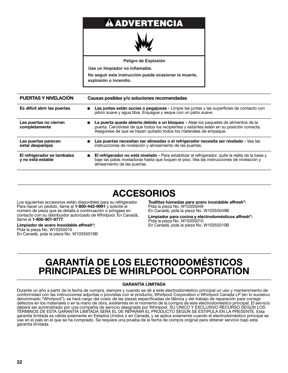 Accesorios, Advertencia | Whirlpool WRS322FNAM User Manual | Page 22 / 36